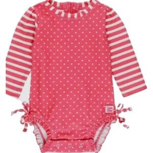 RuffleButts 18M Long Sleeve Rash Guard One‑Piece Hot Pink Heart Polka Dot